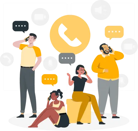 Group of people with speech and callout bubbles, illustrating communication strategies in IVA vs IVR.