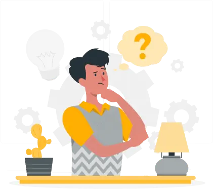 Man pondering the differences between IVA and IVR technologies against a background of question marks and gear icons.